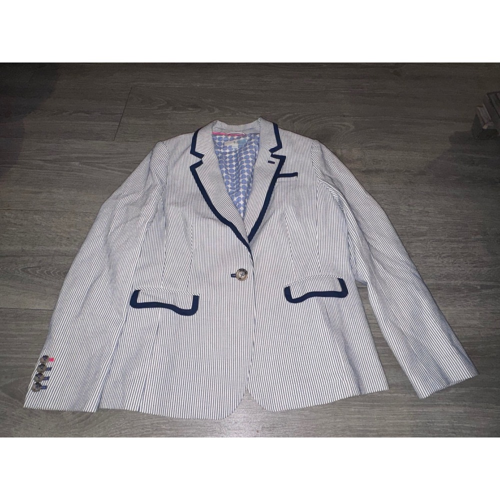 Boden Womens Blue White Striped Seersucker Blazer Navy Trim Polka Dot Lining 12 - Picture 3 of 5